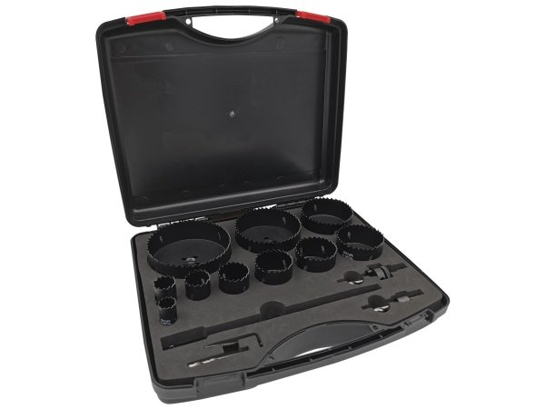 Hulsavsæt BIM 15 dele PT hulsavsæt BIM 15 dele 22-127 mm + 5 stk tilbehør. Billedet viser produktet forfra.