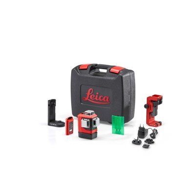 Leica Lino L6G 360° lasertwist 250, ual130 Li-ion. Billedet viser produktet og de medfølgende dele med hvid baggrund.
