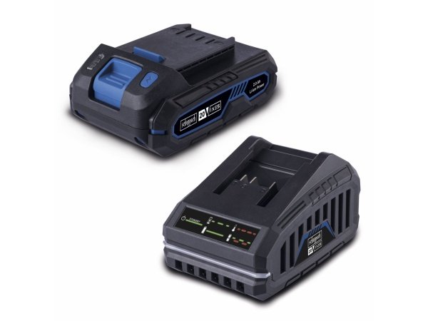 Scheppach batterisæt SBSK 2.0. indeholder et 20V (2,0 Ah) batteri og en 2,4A oplader
