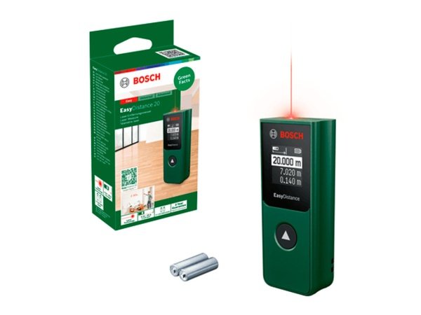 EasyDistance 20 Bosch laserafstandsmåler EasyDistance 20. Billedet viser produktet fra en skrå vinkel.
