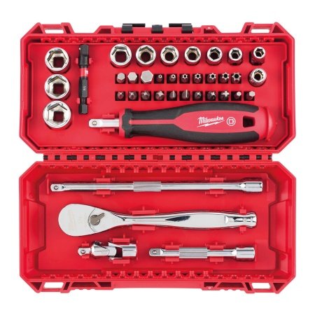 Milwaukee 1/4" Skraldenøglesæt - 38 dele Milwaukee 1/4" Skraldenøglesæt | 38 dele. Billedet viser produktet åbent lodret.
