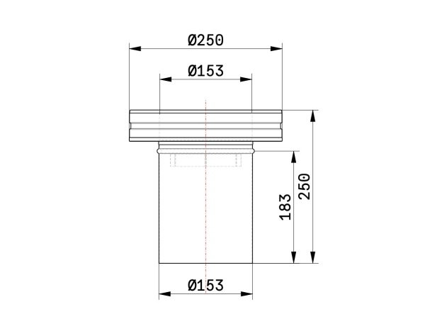 Schiedel overgang Ø150 t Ø250. Produkt vises