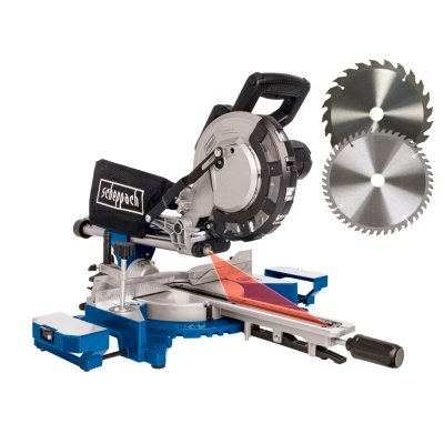 Scheppach kap-/geringssav HM216 Inkl. 2 stk. savklinger m/24T og 48T. Billedet viser produktet med hvid baggrund.