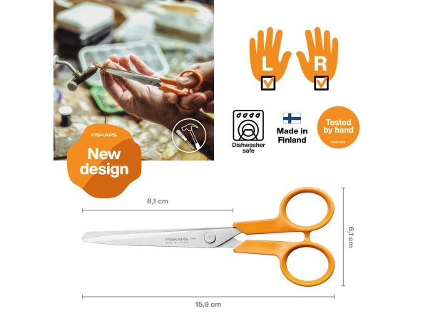 Fiskars Classic universalsaks 16 cm til venstre- eller højrehåndet. Billedet viser produktet lukket. 