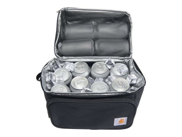 Carhartt isoleret køletaske til 12 dåser i sort og lavet af 600 Denier DWR Polyester. Billedet viser produktet åbent.