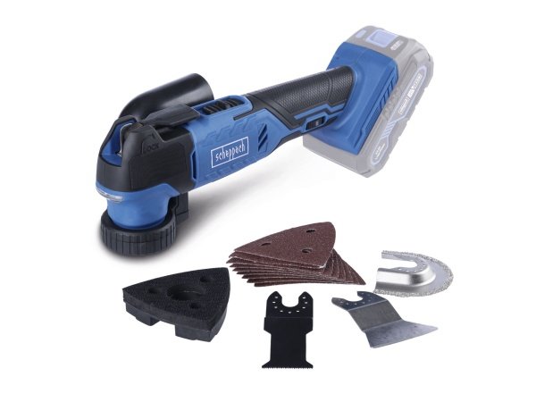 Scheppach multicutter C-MT40-X 20V, solo. Billedet viser produkt og tilbehør.