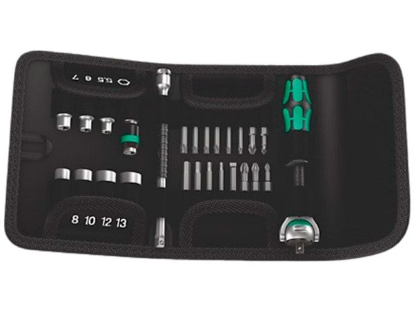 Wera KK Zyklop skraldenøglesæt Wera Kraftform Kompakt Zyklop Speed skraldenøglesæt 1/4', 26 dele i taske. Billedet viser produktet i tasken.