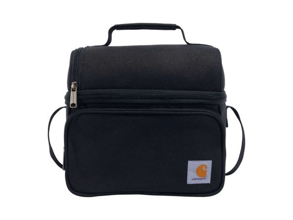 Carhartt isoleret køletaske til 12 dåser i sort og lavet af 600 Denier DWR Polyester. Billedet viser produktet åbent.