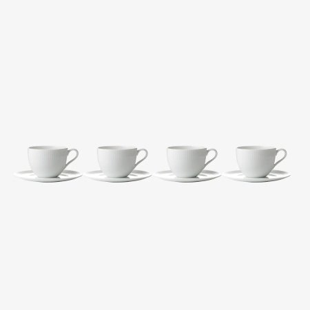 Relief kaffekop m. underkop 4 stk. – 20 cl – 10‑4.dk porcelæn med diskret reliefdetalje, ideel til både hverdag og gæstebud