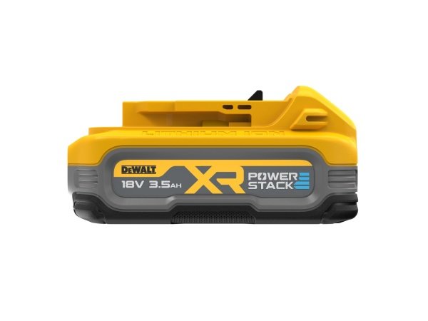 Et professionelt 18V batteri fra DeWalt med Powerstack-teknologi, der giver længere driftstid og kompakt design.