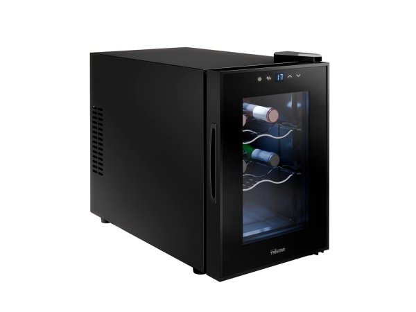 Tristar WR-7506 vinkøleskab Tristar WR-7506 vinkøleskab til 6 flasker, 58W. Billedet viser produktet fra siden.