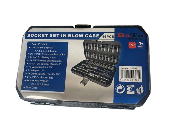 Bato topnøglesæt 1/4", 46 dele ato topnøglesæt 1/4" med 46 dele – et alsidigt værktøjssæt med et bredt udvalg af toppe, stifttoppe, torx, Pz, Ph og kærv. Billedet viser produktet åbent.