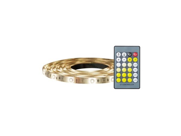 Nordlux LED-strip i hvid. Dæmpbar funktion med fjernbetjening. Billedet viser produktet med fjernbetjening.