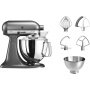 KitchenAid Artisan køkkenmaskine i sølv 5KSM175PSEMS med tilbehør. Billedet viser produktet og medfølgende tilbehør.