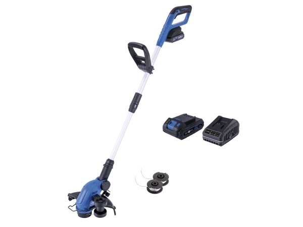 Scheppach græstrimmer C-LT300-X - SET S, 20V. Billedet viser produkt og tilbehør med hvid baggrund.