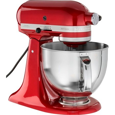 KitchenAid Artisan køkkenmaskine 5KSM175PSECA i rød metallic med tilbehør. Billedet viser produktet forfra.