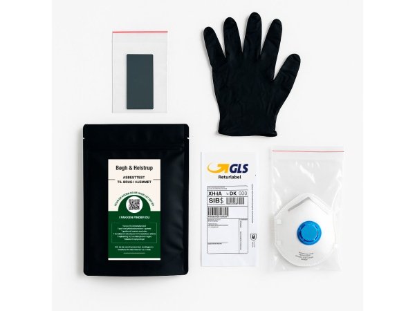 H&B asbestanalyse Bøgh og Helstrup asbestanalyse inkl kuvert. Billedet viser det medfølgende tilbehør.