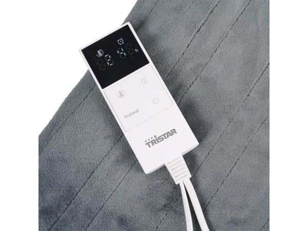 Tristar BW-4780 elektrisk varmetæppe Tristar BW-4780 elektrisk varmetæppe i grå fleece, 80W, størrelse 160x130 cm, med justerbare varmeindstillinger. Billedet viser hele produktet.