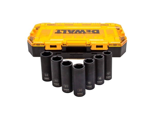 Dewalt topnøglesæt 1/2' Slagtoppesæt 1/2 7 STK, TOUGHBOX DWMT74737-0. Billedet viser produktets 7 dele.