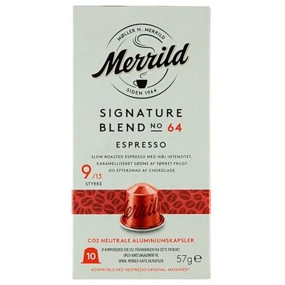 Merrild Signature kaffekapsler, produkt set forfra