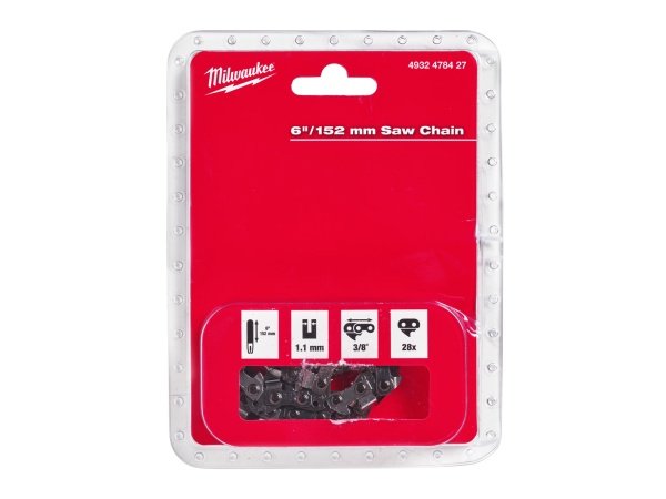 Milwaukee savkæde 3/8 28 led Milwaukee savkæde 3/8" med 28 led og en længde på 152 mm tilbyder præcis skæring og holdbar ydeevne. Billedet viser produkt.