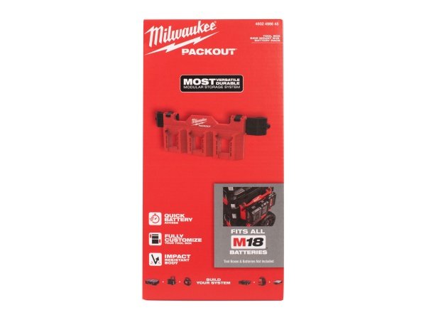 Milwaukee PACKOUT batteriholder til M18 batterier. Billedet viser produkt med hvid baggrund.