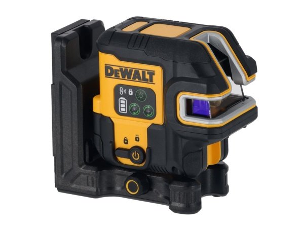 Dewalt USB-C Krydslinjelaser + 5 punkt, grøn laser. Billedet viser produkt og USB-PD-oplader.