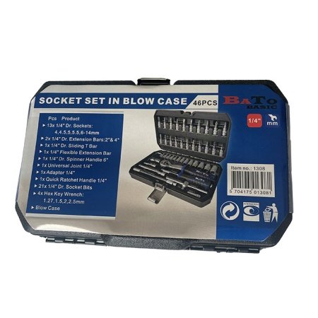 ato topnøglesæt 1/4" med 46 dele – et alsidigt værktøjssæt med et bredt udvalg af toppe, stifttoppe, torx, Pz, Ph og kærv. Billedet viser produktet åbent.