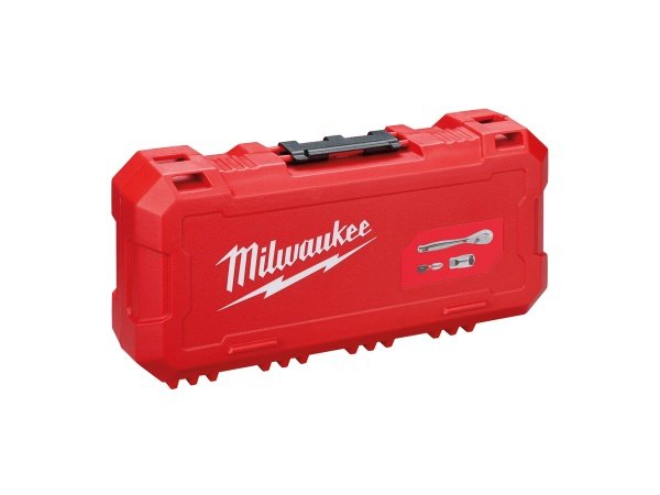 Milwaukee 1/4" Skraldenøglesæt | 38 dele. Billedet viser produktet åbent lodret.