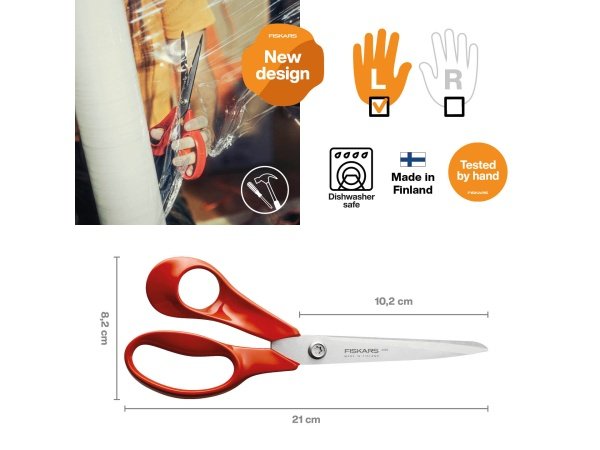 Fiskars Classic universalsaks 21 cm venstrehåndede brugere. Billedet viser produktet lukket.