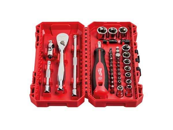 Milwaukee 1/4" Skraldenøglesæt | 38 dele. Billedet viser produktet åbent lodret.