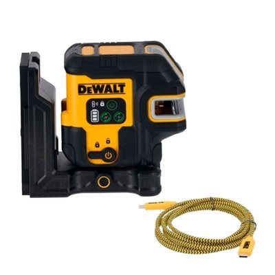 Dewalt USB-C Krydslinjelaser + 5 punkt, grøn laser. Billedet viser produkt og USB-PD-oplader.