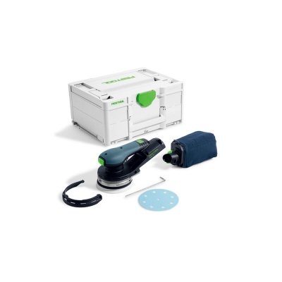 Festool excentersliber ETSC 2 125 Basic. Billedet viser produkt og tilbehør med hvid baggrund.