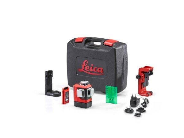 Leica Lino L6G 360° laser Leica Lino L6G 360° lasertwist 250, ual130 Li-ion. Billedet viser produktet og de medfølgende dele med hvid baggrund.