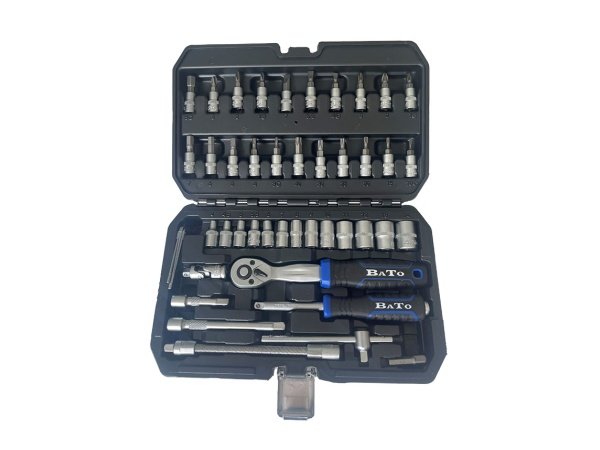 Bato topnøglesæt 1/4", 46 dele ato topnøglesæt 1/4" med 46 dele – et alsidigt værktøjssæt med et bredt udvalg af toppe, stifttoppe, torx, Pz, Ph og kærv. Billedet viser produktet åbent.