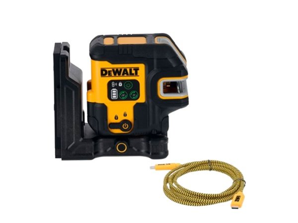 Dewalt USB-C Krydslinjelaser + 5 punkt, grøn laser. Billedet viser produkt og USB-PD-oplader.
