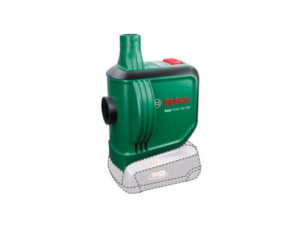 Bosch Easy Inflate luftpumpe 18V-500 SOLO. Billedet viser produkt og tilbehør med hvid baggrund.