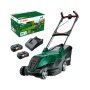 Bosch plæneklipper Advanced Rotak 36V-40. Billedet viser produkt med tilbehør og kasse