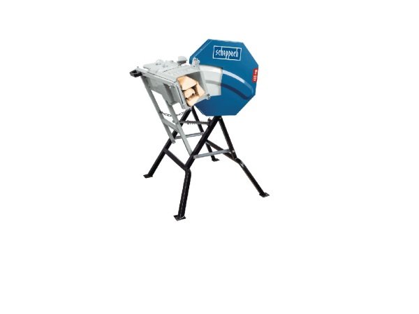 Brænde- og vippesav med robust stålkonstruktion og stor skæreydelse. Scheppach HS410 sikrer sikker og præcis savning med patenteret beskyttelsesdæksel. Billedet viser produkt uden træ.