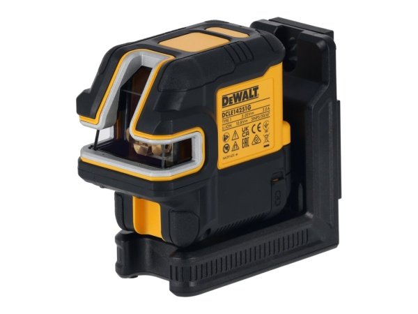 Dewalt USB-C Krydslinjelaser + 5 punkt, grøn laser. Billedet viser produkt og USB-PD-oplader.