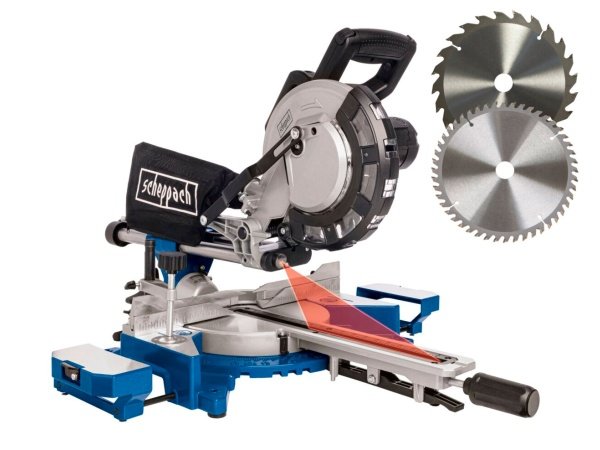 Scheppach kap-/geringssav HM216 Scheppach kap-/geringssav HM216 Inkl. 2 stk. savklinger m/24T og 48T. Billedet viser produktet med hvid baggrund.