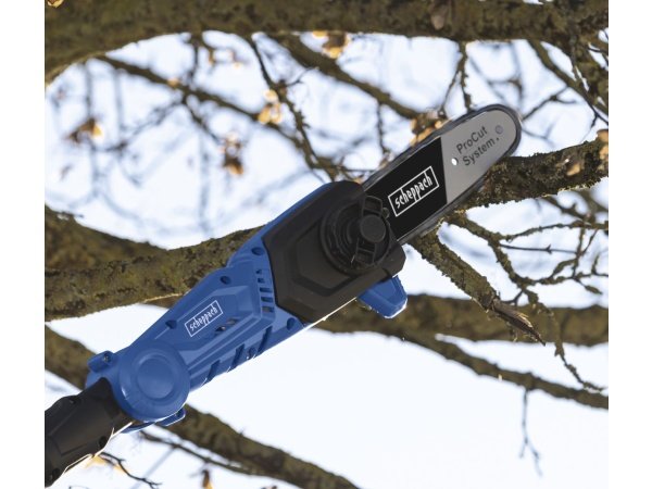 Scheppach multitool m/teleskophækkeklipper/kædesav, C-PHTS41. Billedet viser produktet og tilbehør med hvid baggrund