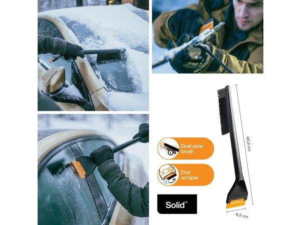 Fiskars Solid børste og isskraber 10 x 7,8 x 46,7 cm. Billedet viser produktet forfra. 