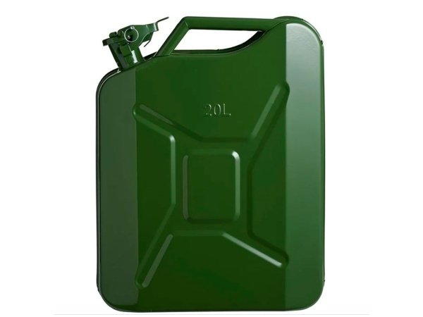 Grøn Rawlink Jerry benzindunk i metal 20 ltr. Billedet viser produktet med hvid baggrund.
