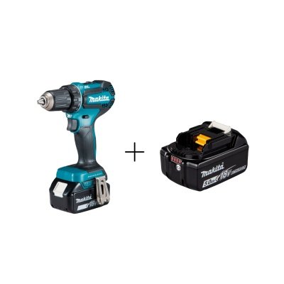 Makita bore-/skruemaskine DDF485Z + batteripakke BL1850B. Billedet viser produktet med batteri