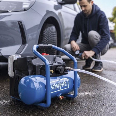 Scheppach 2x20V C-ACT160-6-X kompressor. billedet viser produktet med hvid baggrund.