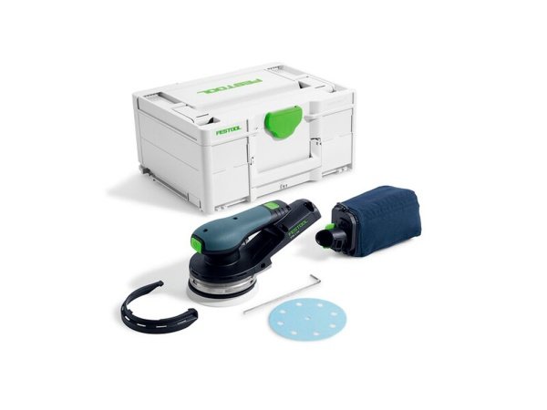 Festool excentersliber Festool excentersliber ETSC 2 125 Basic. Billedet viser produkt og tilbehør med hvid baggrund.
