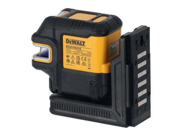 Dewalt USB-C Krydslinjelaser + 5 punkt, grøn laser. Billedet viser produkt og USB-PD-oplader.