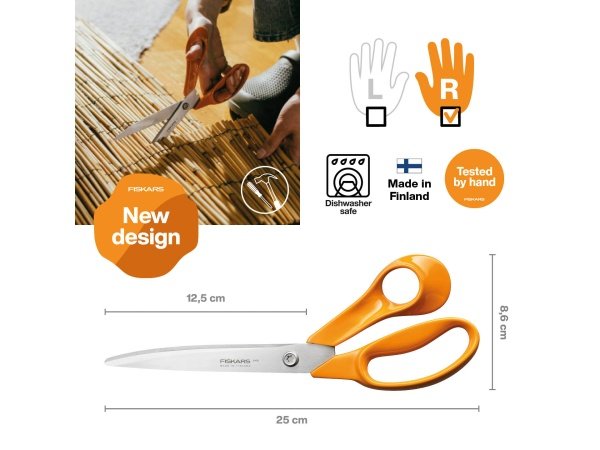 Fiskars Classic universalsaks Fiskars Classic universalsaks 25 cm til højrehåndede brugere. Billedet viser produktet lukket.