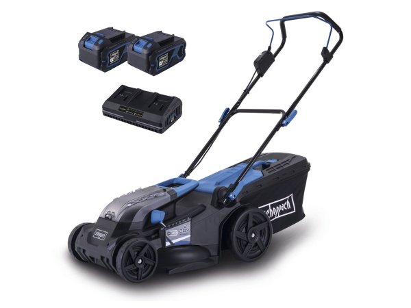 Scheppach plæneklipper BC-MP430-X Scheppach plæneklipper BC-MP430-X SET XL2, 43 cm 5911415400, m/lader og to batterier. Billedet viser produkt.